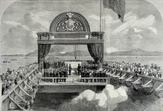 The Prince of Wales laying the last stone of the Victoria Bridge over the St. Lawrence.
