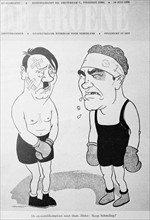 Cartoon of Adolf Hitler in a boxing match with Joe Louis