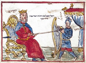 Bible illustration of David playing the harp for King Saul