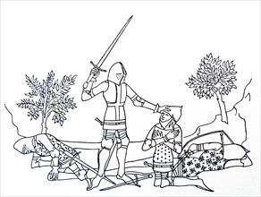 Line drawing of a Knight receiving the accolade on the field of battle