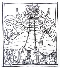 Mediaeval line drawing of Alexander the Great descending to the bottom of the sea in a glass barrel