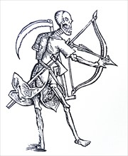 Mediaeval line drawing of death with a bow and scythe