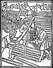 Woodcut depicting the loading of stave timber.