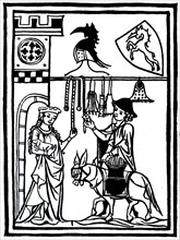 Woodcut of a travelling pedlar displaying his wares to the lady of the castle