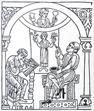 Line drawing of a mural painter painting