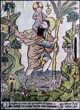 Woodcut, tinted in watercolour, of St Christopher