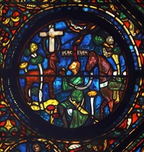 window from the north aisle in Chartres Cathedral, France. Shows the apparition of the stag