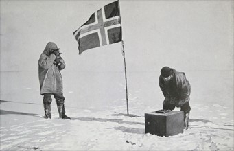 Captain Roald Amundsen taking sights at the South Pole.
