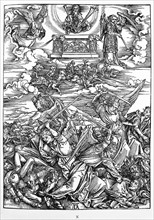 Woodcut by Albrecht Durer; The Battle of the Angels (Four avenging Angels of the Euphrates). The Revelation of Saint John (Apocalypse, VII. Figure).