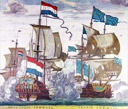 Dutch and French Admiral's Ships, in combat with each other. Coloured engraving published by Gerard van Keulen, Amsterdam. 1728