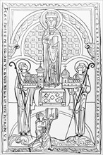 Line drawing of Stephen Harding, abbot of Citeaux, and the abbot of St-Vaast