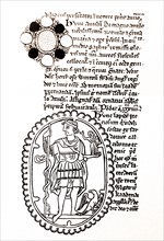 Illustration of a jewels from the treasury of St Albans Abbey and annotation.