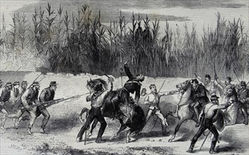 Garibaldi cutting down the Captain of the Neapolitan cavalry in the charge made by the latter near the bridge of Melazzo.