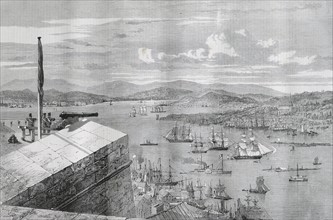 View from the King's bastion Quebec the Isle of Orleans in the distance. From a drawing by Major Williams.