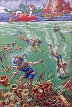 Children's book illustration depicting divers searching for corals in the sea in the caribean