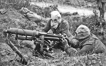 World War I; Vickers Machine Gun Crew with gas masks