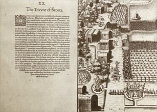 The Towne of Secot, engraving, 1590, from a watercolour drawing by John White (English, c. 1540-c. 1593),