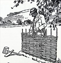 Illustration of a man creating a woven fence
