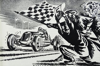 Illustration from a book depicting the end of a car race