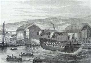 Illustration depicting a French ship being launched from a dock