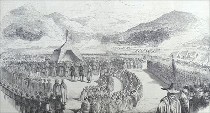 Illustration depicting the inauguration of sheikh Kabyle's tribe by the Governor General Randon, the territory of Beni-Hassain