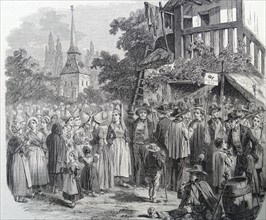 Illustration depicting a celebration outside the rural home of Saint Clare on the day of St. Clare, in Lower Normandy