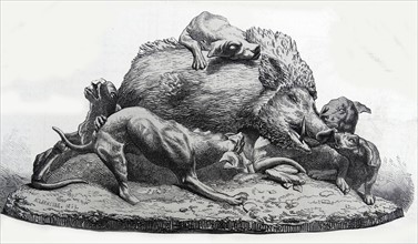 Illustration depicting statue a hog being attacked by dogs