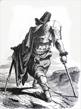 Illustration depicting a cripple using his crutches to walk