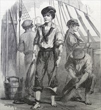 Illustration depicting convicts performing chores aboard the transport ship