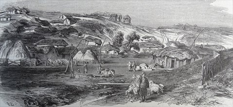 Illustration depicting of a village of Tatars