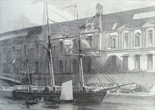 Illustration of a three-mast Goëllette boat by the Port of Saint Nicholas in Paris