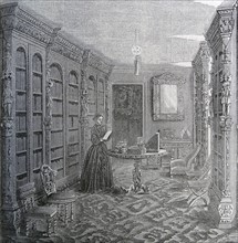 Illustration of a wealthy woman reading a book in her library