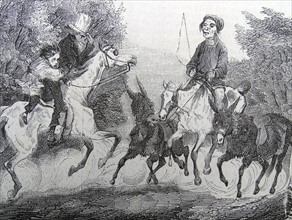 Illustration depicting a young boy riding with an older man on a very large horse