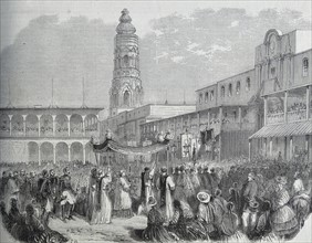 Illustration depicting a religious procession on the Plaza Mayor, Lima