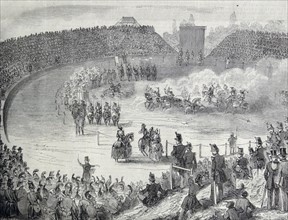 Crowd watches a military spectacle or show in France 1860