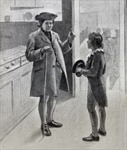 Illustration from a book depicting a shop owner talking to his shop boy