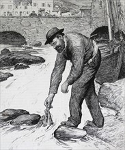 Illustration from a book depicting a fisherman plucking something from the stream