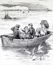 Illustration from a book depicting children pointing out the top of a submarine