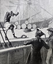 Illustration from a book depicting a young Black man entertaining the Captain of the ship