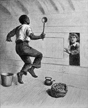 Illustration from a book depicting a young Black boy startling a young boy
