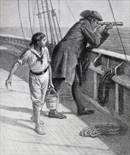 Illustration from a book depicting the Captain and a young boy
