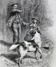 Illustration from a book depicting a dog protecting his young owner