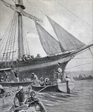 Illustration from a book depicting a floating market