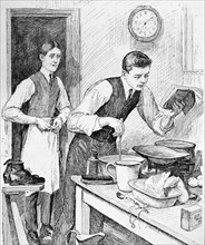 Illustration from a book depicting a young man using a recipe book to bake