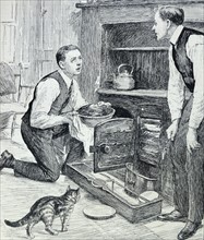 Illustration from a book depicting a young man taking a home-made pie out of the oven