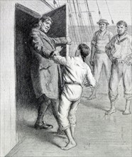 Illustration from a book depicting a young boy being dragged into the deck-house