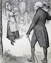 Illustration from a book depicting a gentleman greeting a peasant woman