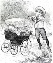 Illustration from a book depicting a young boy pushing a pram with difficulty