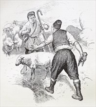 Illustration from a book depicting two shepherds arguing over sheep