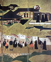 Arrival of the Portuguese in Japan. Detail of Japanese screen, Kano School (16th century)